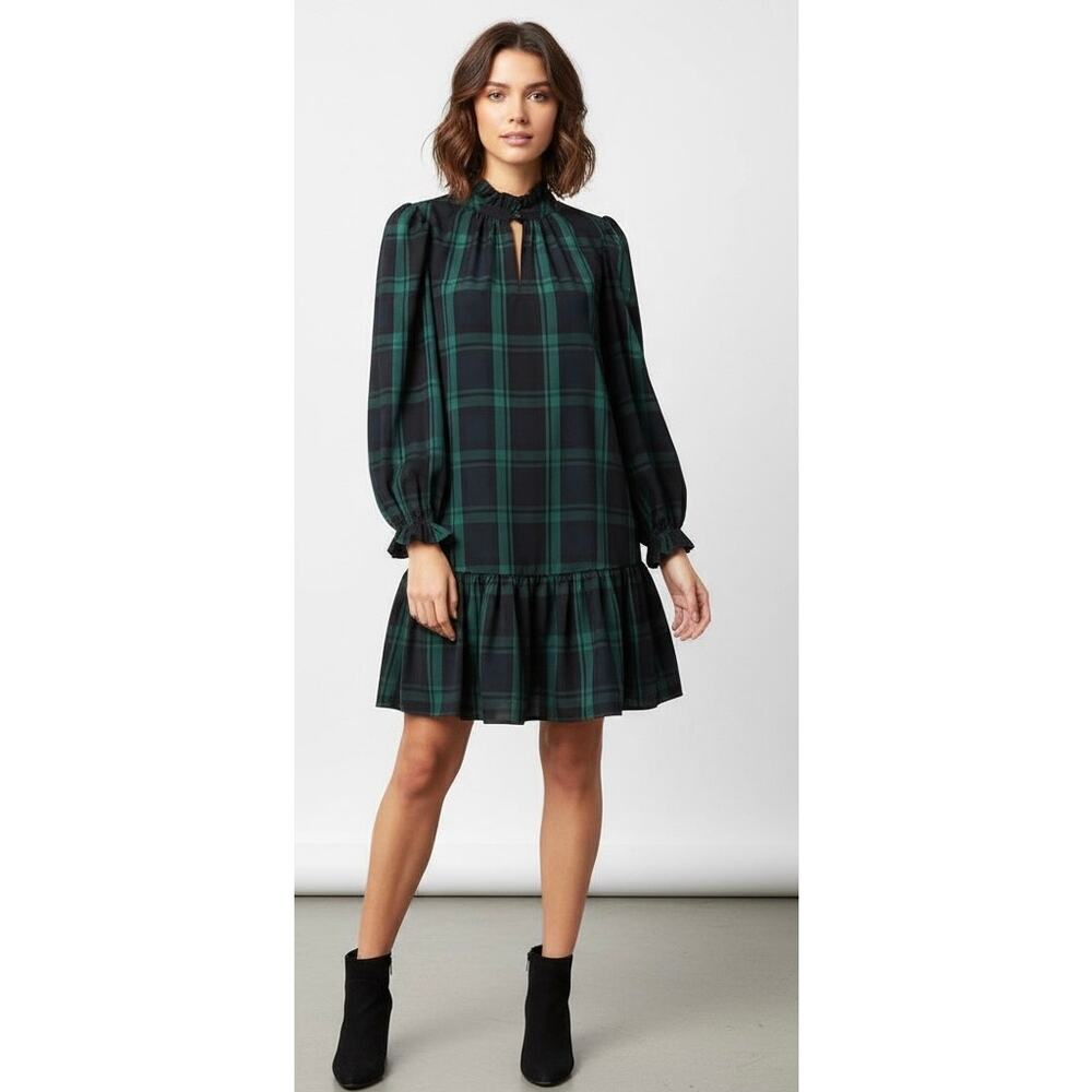 J.Crew Ruffle Puff-sleeve Dress black watch tartan pattern size‎ XS-M